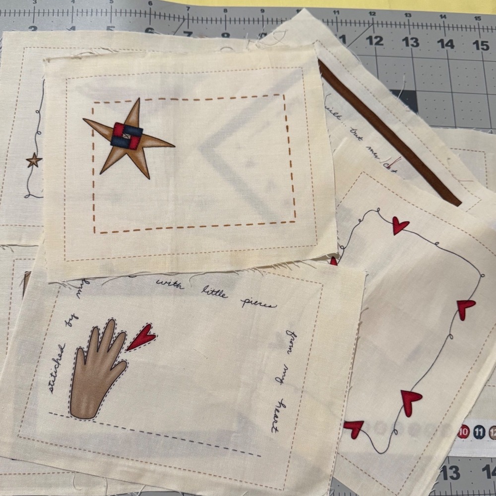 Moda Fabrics Primitive Quilt Labels Set of 7 Folk Art Cotton Fabric Blocks Cream